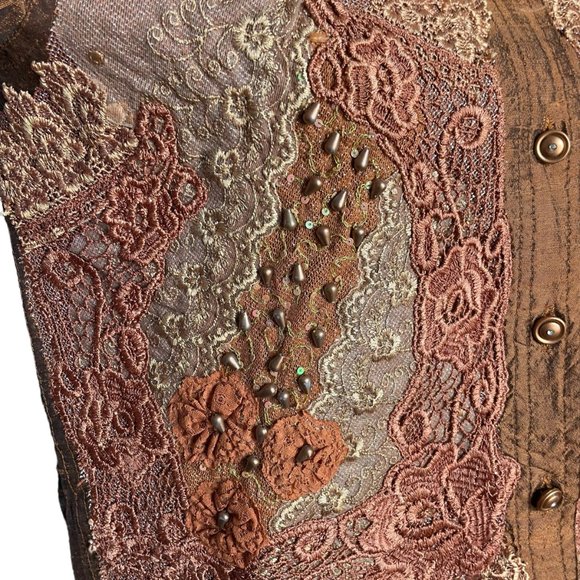 56% Silk Lace Beaded Jacket S Coldwater Creek Bronze Floral Metallic Button-up - Picture 11 of 16